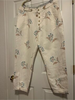 Sundance Cream Linen-Blend Button-Front Pants with Blue & Coral Floral Trim